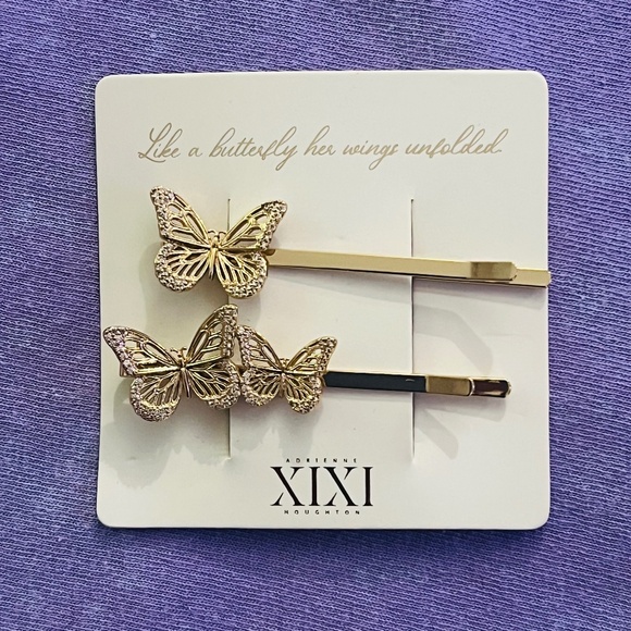 ADRIENNE HOUGHTON XIXI GOLD TONE BUTTERFLY 2 PAIR OF BOBBY PINS - Picture 1 of 5